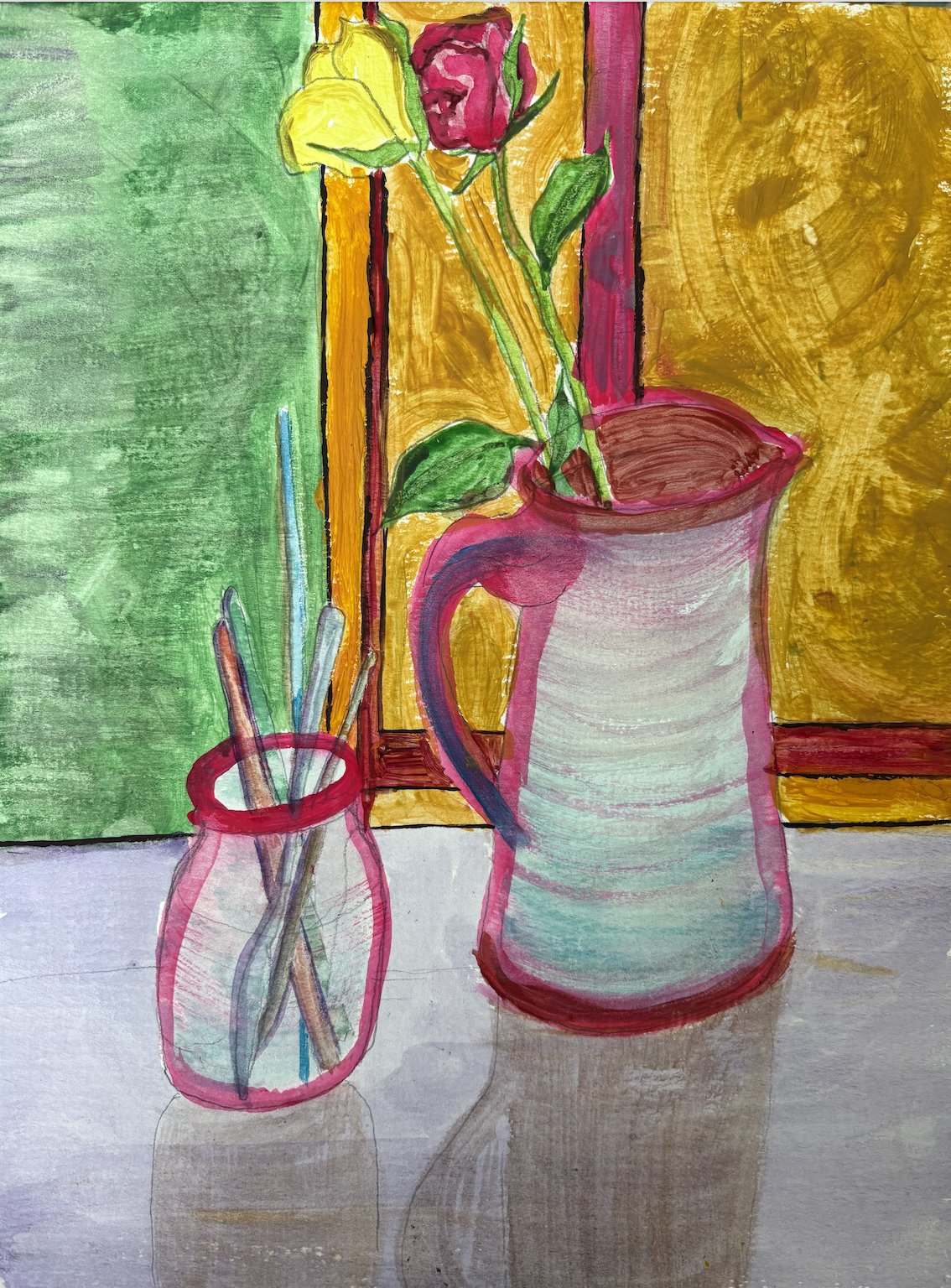 "Roses and Paint Jar." Gouache and watercolor on paper.
