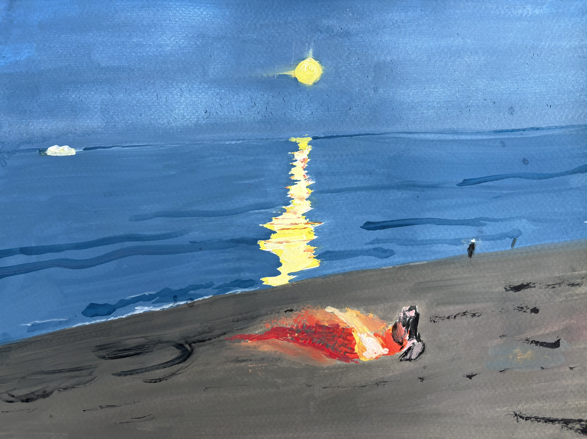 "Sunset Beach Fire, Cahoon Hollow." Gouache on paper.