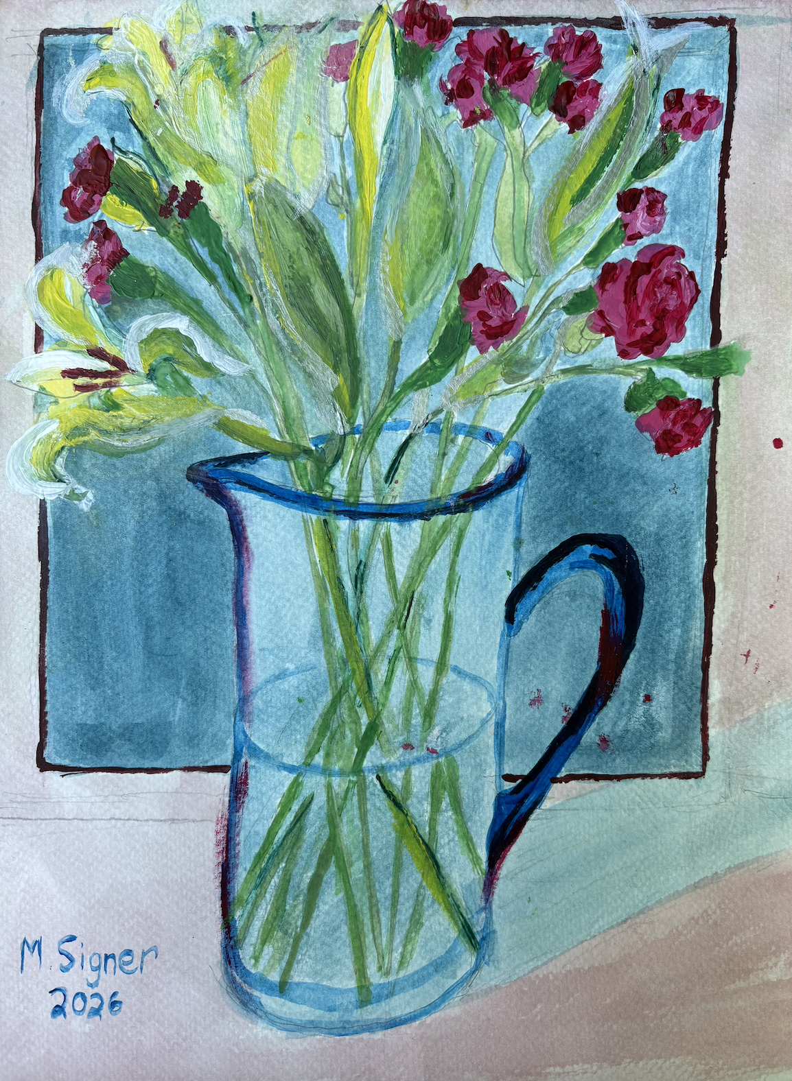 "Lilies, Carnation, Window." Gouache on paper.