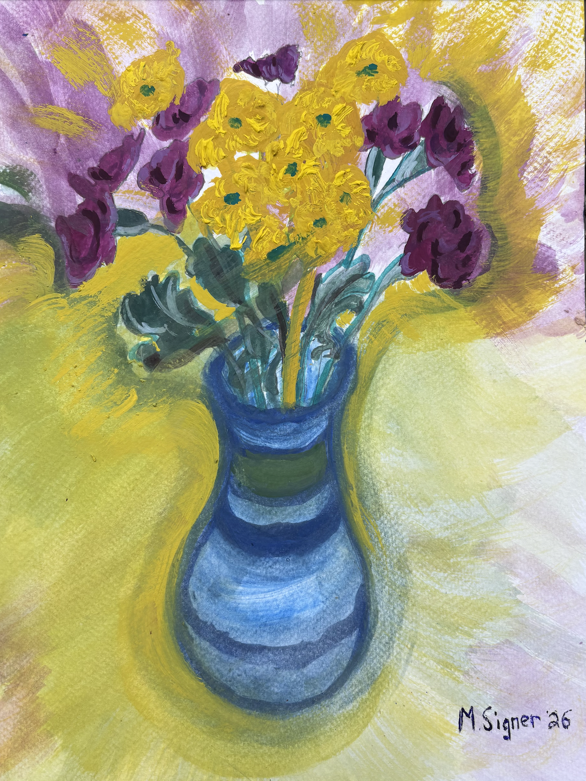 "Still Life with Carnations and Crysanthemums." Gouache on paper.