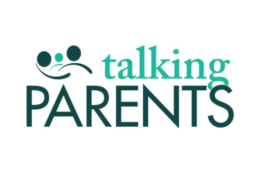 TalkingParents logo featuring stylized parent and child figures beside the organization name, representing a co-parenting communication platform.
