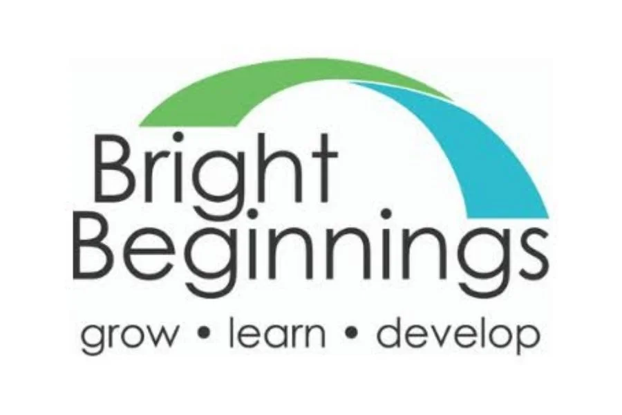 Bright Beginnings logo featuring a green and blue arch above the organization name, representing early childhood development and parenting support services.