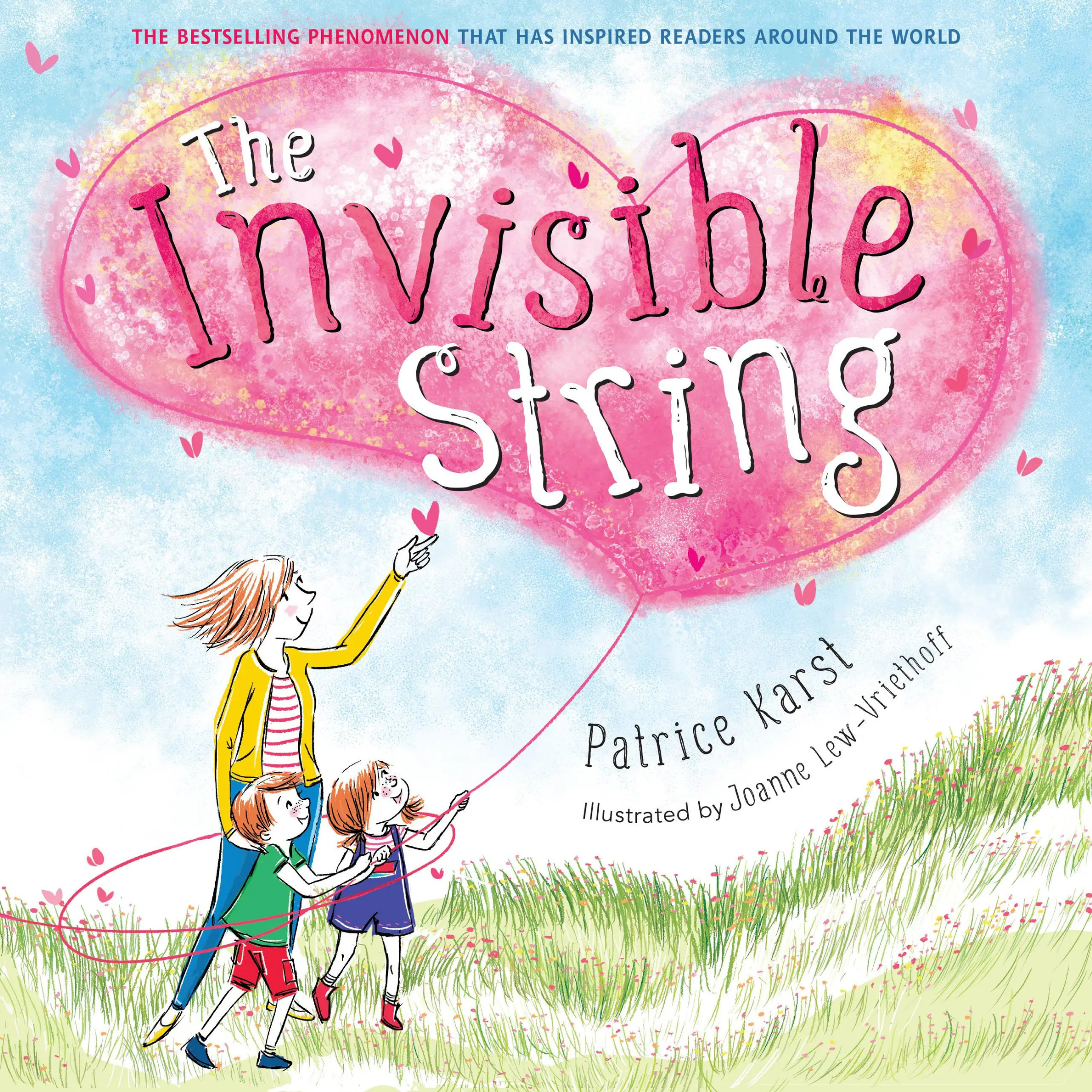 Cover of The Invisible String by Patrice Karst, featuring an adult and two children holding a pink heart-shaped string stretching across the sky.