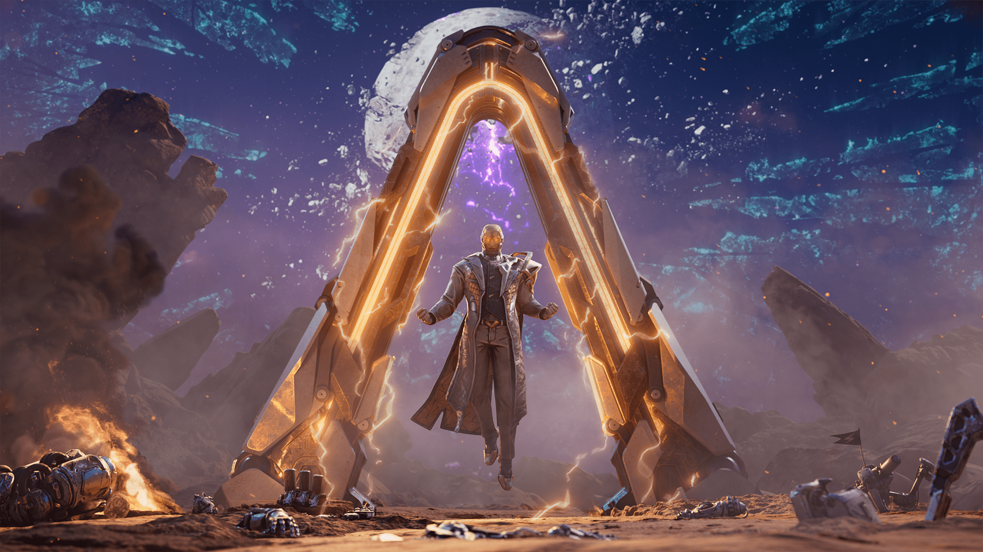 The Timekeeper from Borderlands 4, a tall, buff man with glowing yellow eyes and a grey suit with gold accents, floating a foot off the ground under an angular glowing arch