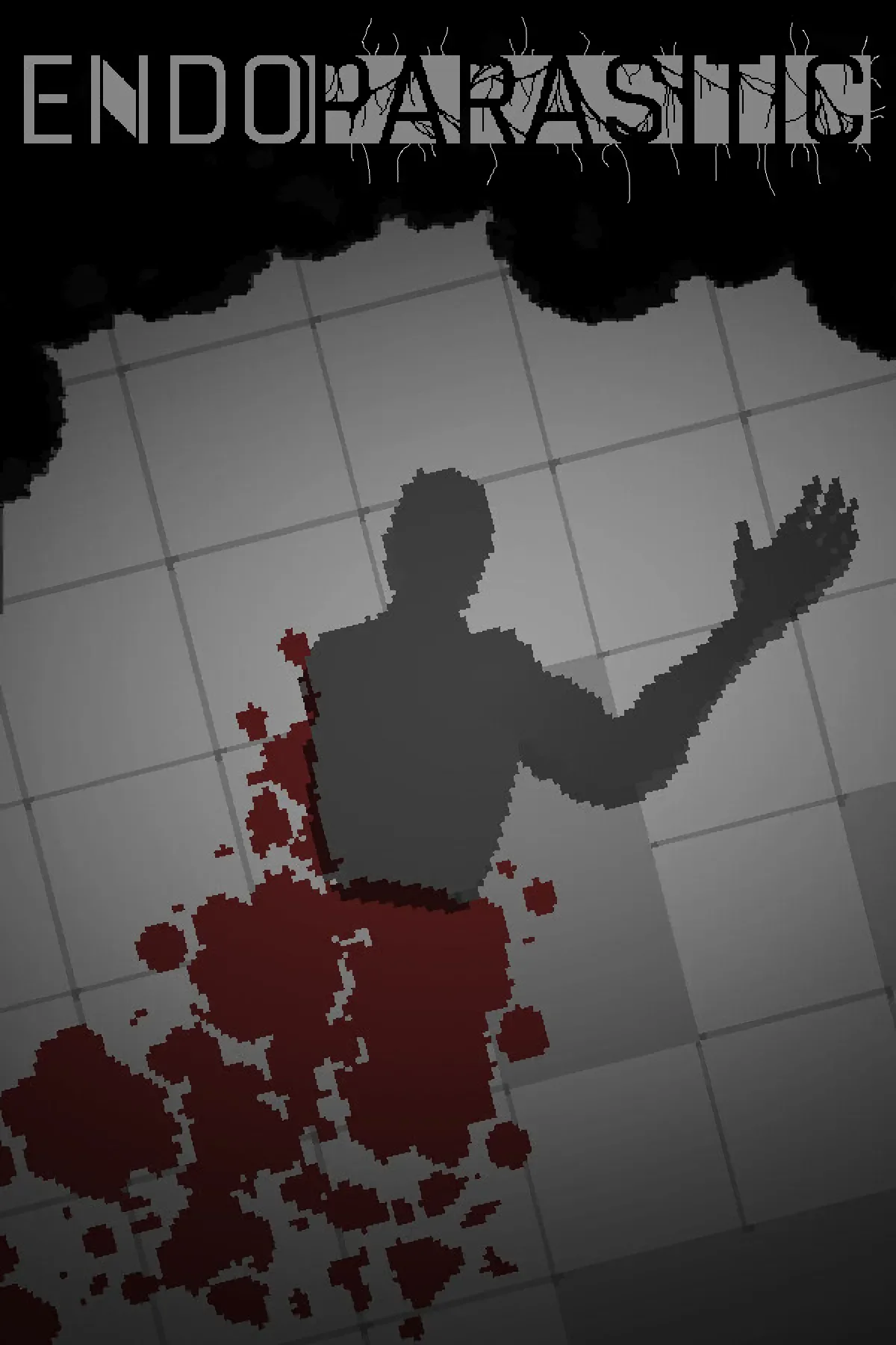 Endoparasitic cover art, the silhouette of a man on the ground with only a right arm, with blood coming from his torso