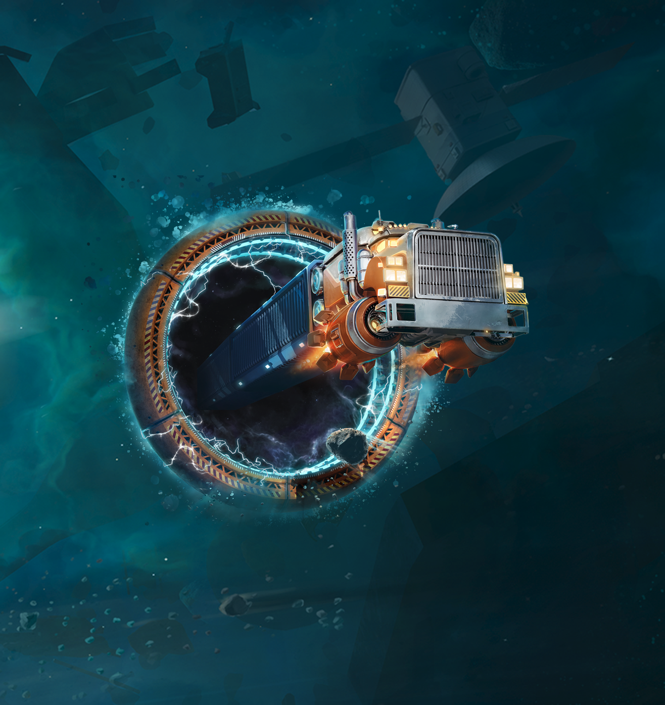 Star Trucker cover art, a space-ified truck rig coming out of a hyperspace gate against a blue, asteroid belt background