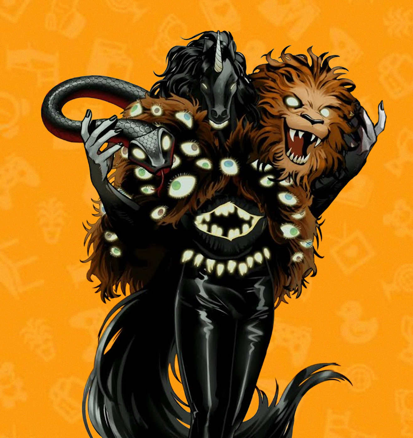 Character Nightmare from Date Everything!, a chimera-esque woman with a unicorn head, a lion head, and a serpent body attached to a torso made up of eyes and teeth, wearing leather pants