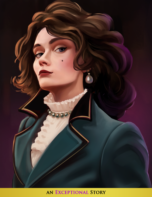 Fallen London Exceptional Story cover art of a rich young woman with brunette hair, pearl earrings and necklace, teal overcoat, and a smug look