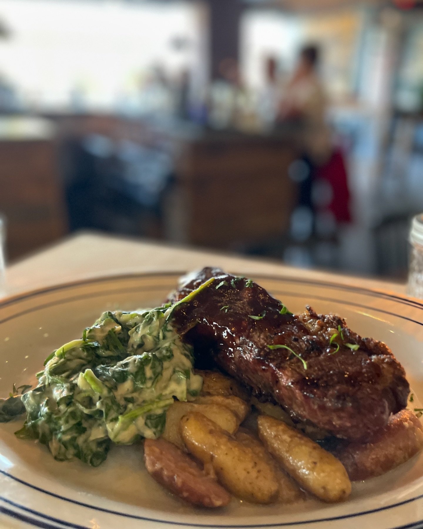Indulging in this NY Strip with creamy spinach, fingerling potatoes, and a killer mushroom demi glac&eacute;. 😋 

Limited edition vibes, so don&rsquo;t sleep on it! 🥩✨ 

📸: @qwertyluv 

#SteakGoals #fingerlakes #GrassFedBeef #striptease
