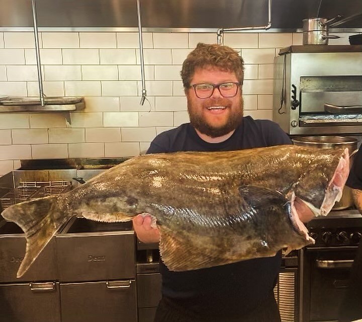 Halibut, anyone? 🎣 Catch this beauty filleted, pan roasted &amp; on special tonight with ramps, brussels sprouts, fingerling potatoes, creamy onion soubise &amp; charred onion vinaigrette 

#halibut #catchoftheday #davesoldseparately #fishdujour