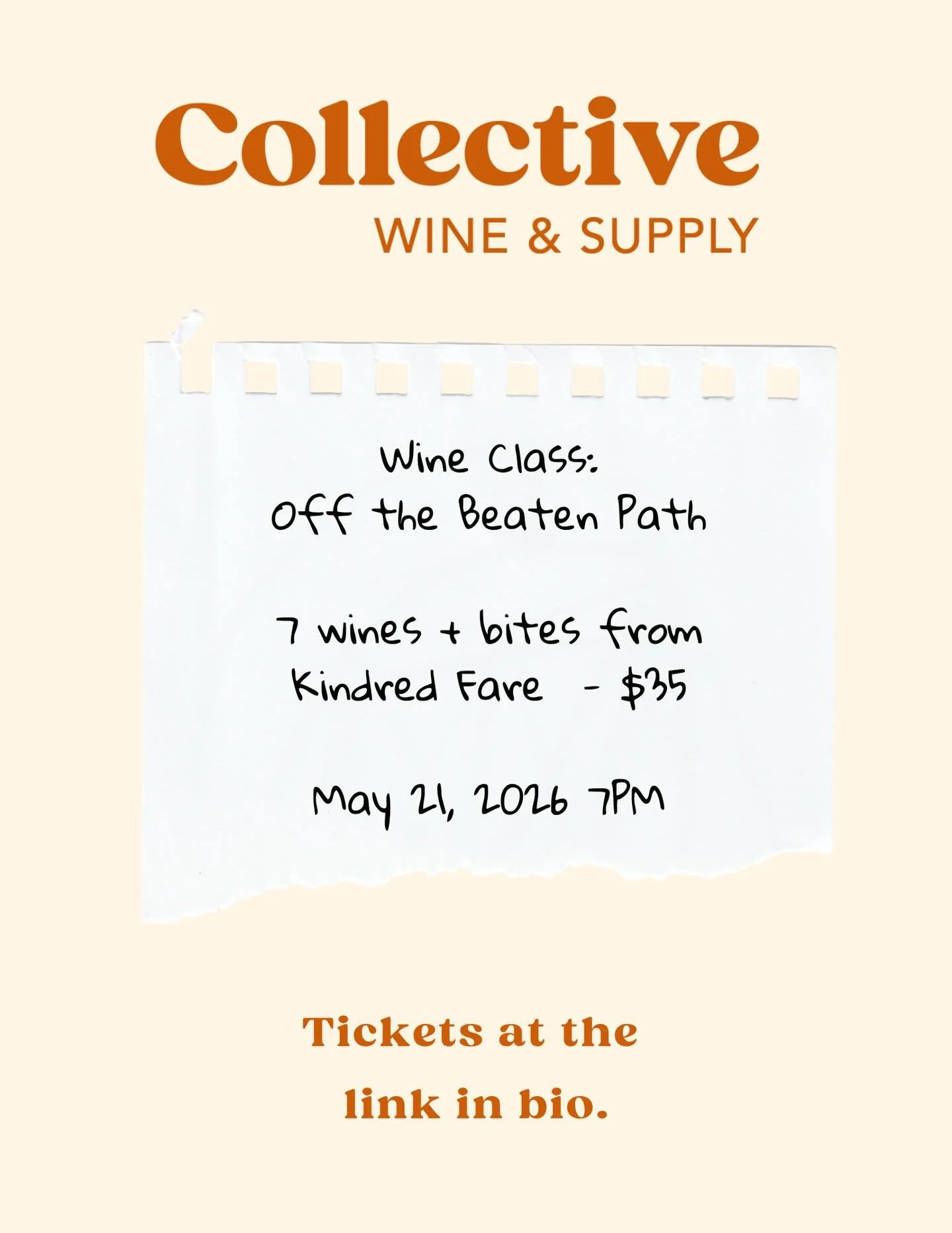 Join us for wine class at the bottle shop on Thursday, May 21 at 7PM. @collectivewinesupply - score your tix at the 🔗 in our bio!

🏔️explore seven lesser known wines from unexpected regions
🍷snack on small bites from @kindredfare 

#winetasting #w