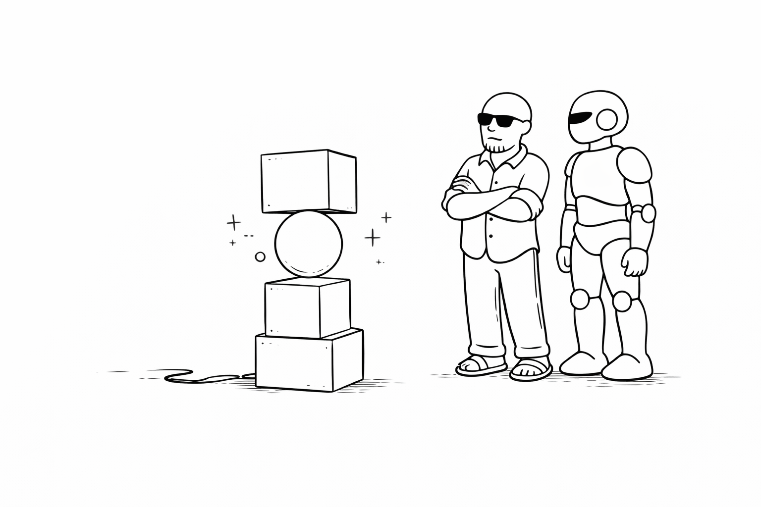 Line drawing of a human and an AI observing a stable, balanced structure, symbolizing clarity, durability, and reduced dependency on external intervention.