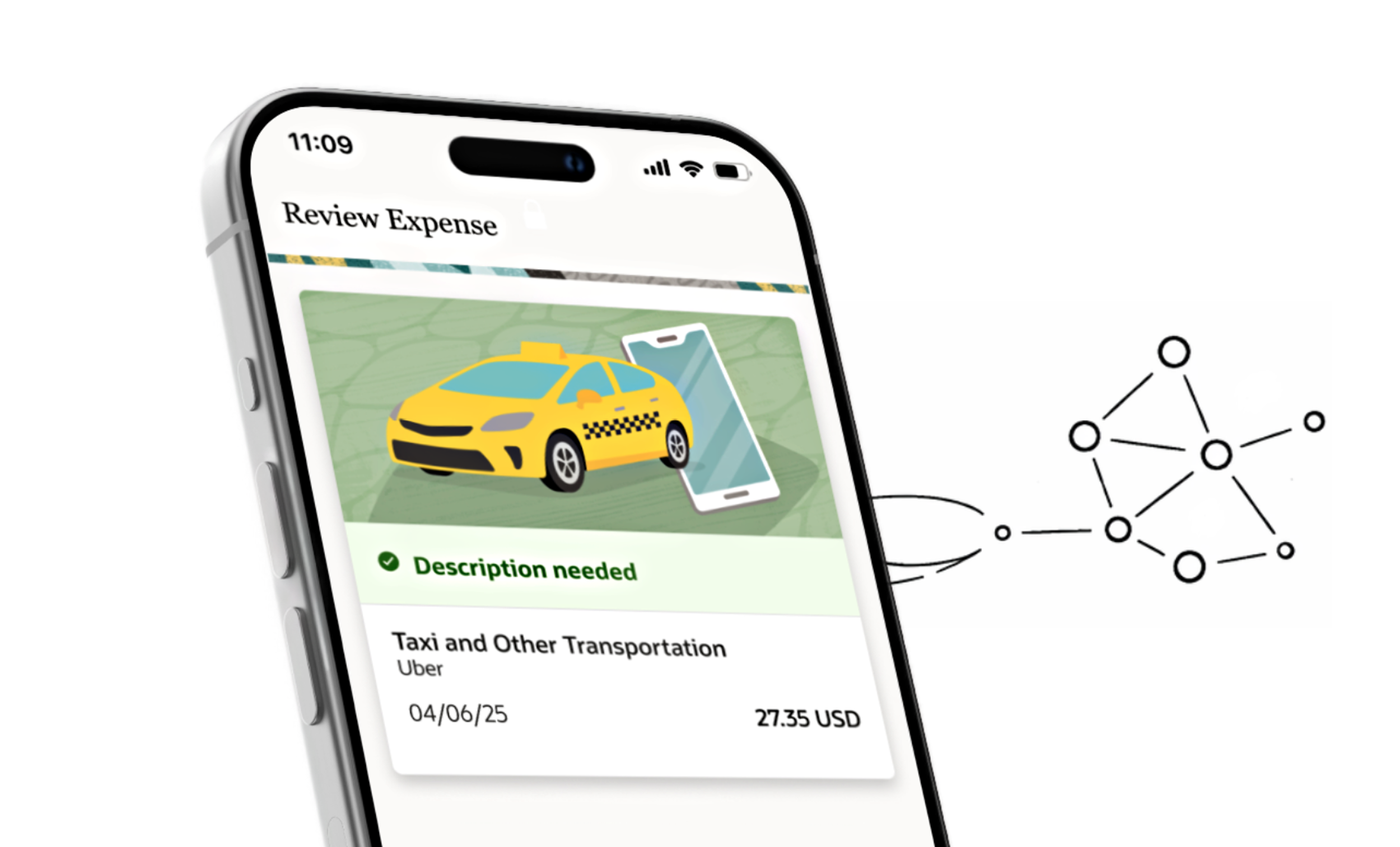 Expense review screen on a smartphone showing a taxi receipt, with faint abstract network lines in the background suggesting hidden system complexity.