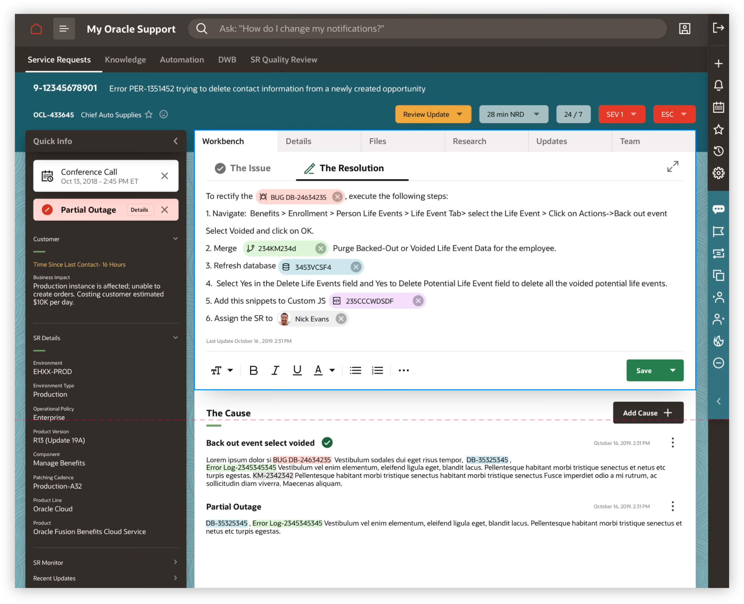 DCAC workbench in Oracle Redwood design system showing Issue and Resolution tabs, structured cause documentation with inline bug and error log references, Quick Info sidebar with customer context, and SR details