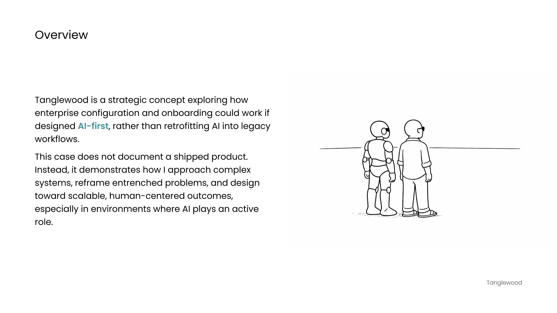 Minimal line drawing of a human and a robot standing side by side, looking toward an open horizon, suggesting shared orientation and intent.