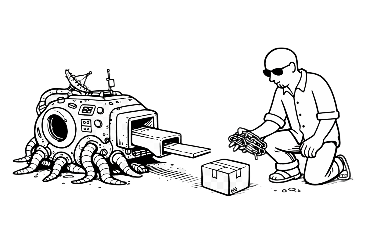 Man getting box out of weird machine