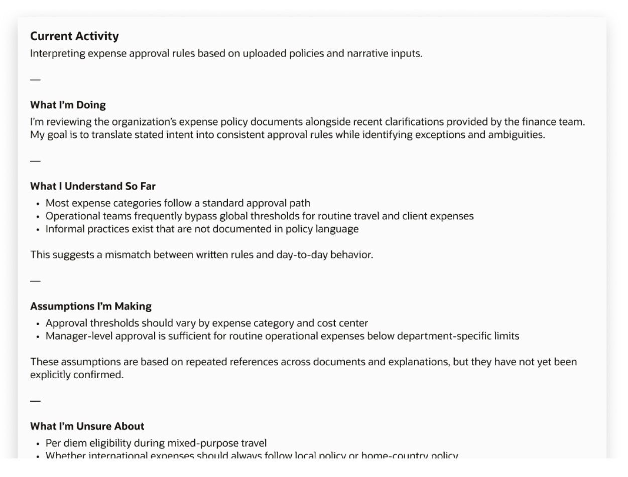 Excerpt of AI-generated narration explaining what the system is doing, the assumptions it is making, and areas of uncertainty.