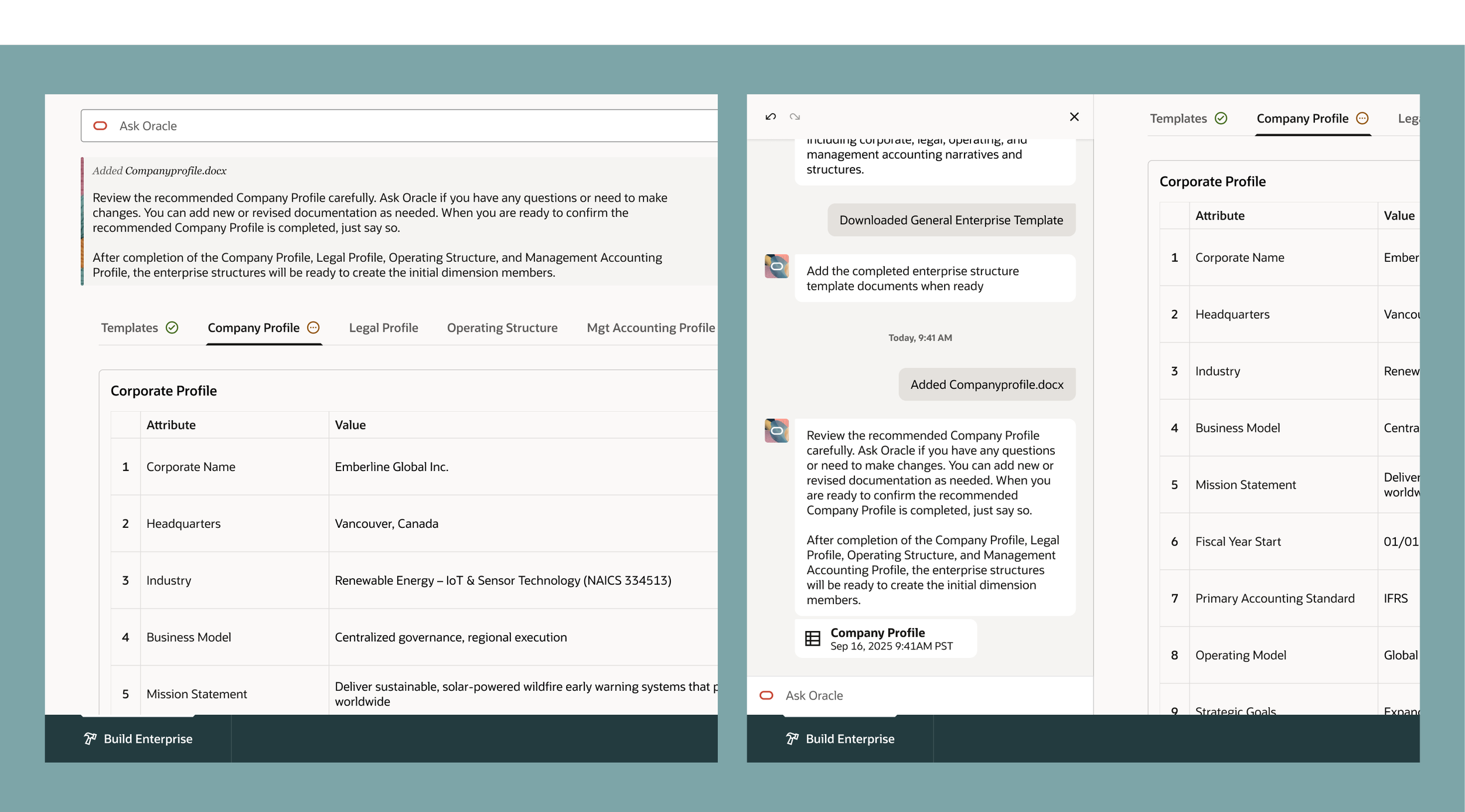 Two hybrid interface layouts compared — top-aligned chat with configuration below, and side-by-side split view with conversation and live configuration.