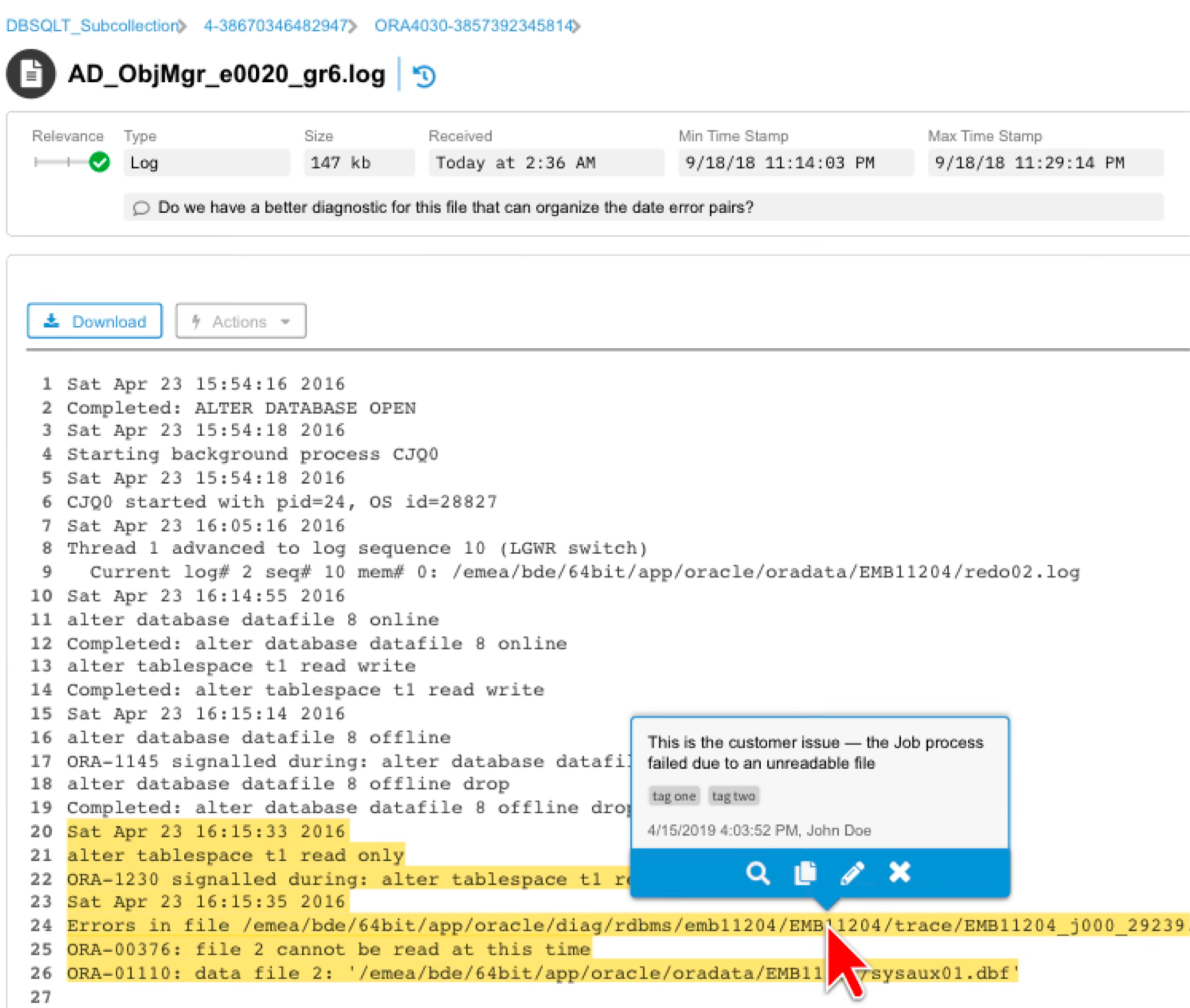DCAC file viewer showing highlighted log file text with an in-context annotation linking a diagnostic fact to the customer issue and associated file evidence