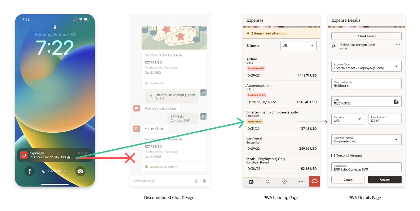 Design concept showing the original chat-based expense interaction model that was cancelled by design leadership