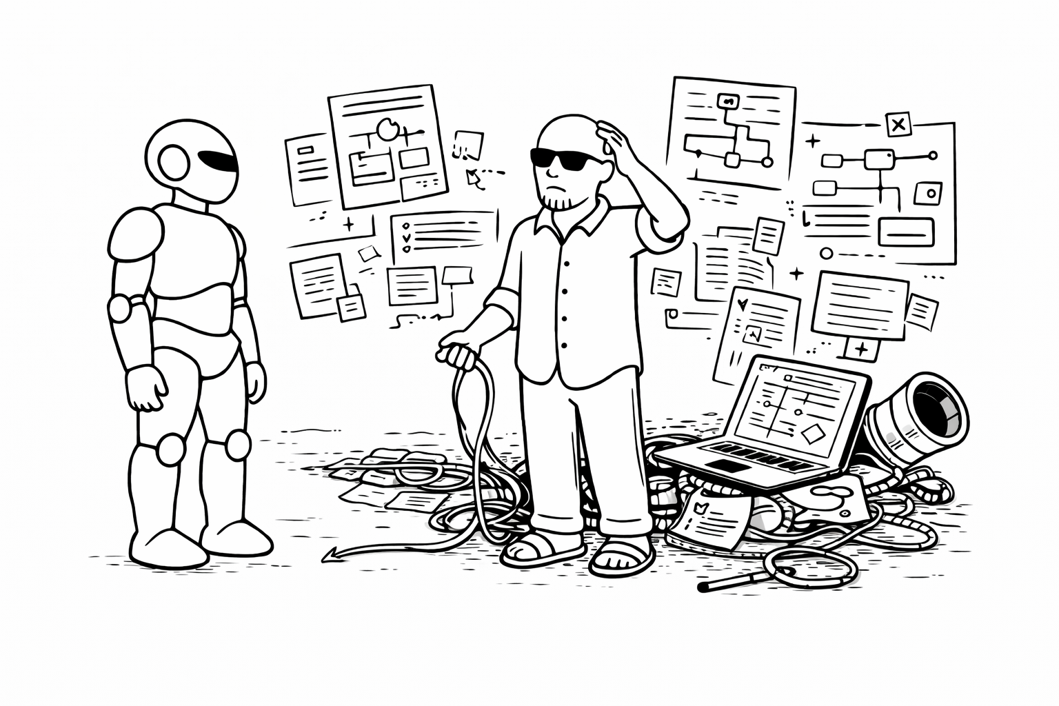 Line illustration of a human surrounded by fragmented documents and disconnected workflows, with an AI observing calmly, representing enterprise onboarding complexity.