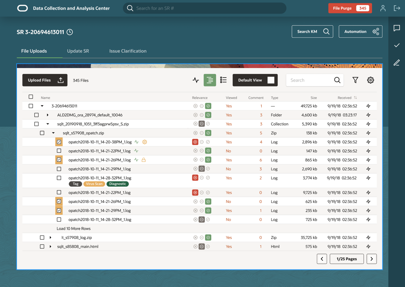 DCAC file uploads view with three-state relevance indicators, viewed status, comment counts, diagnostic tags, and automation markers on individual log files