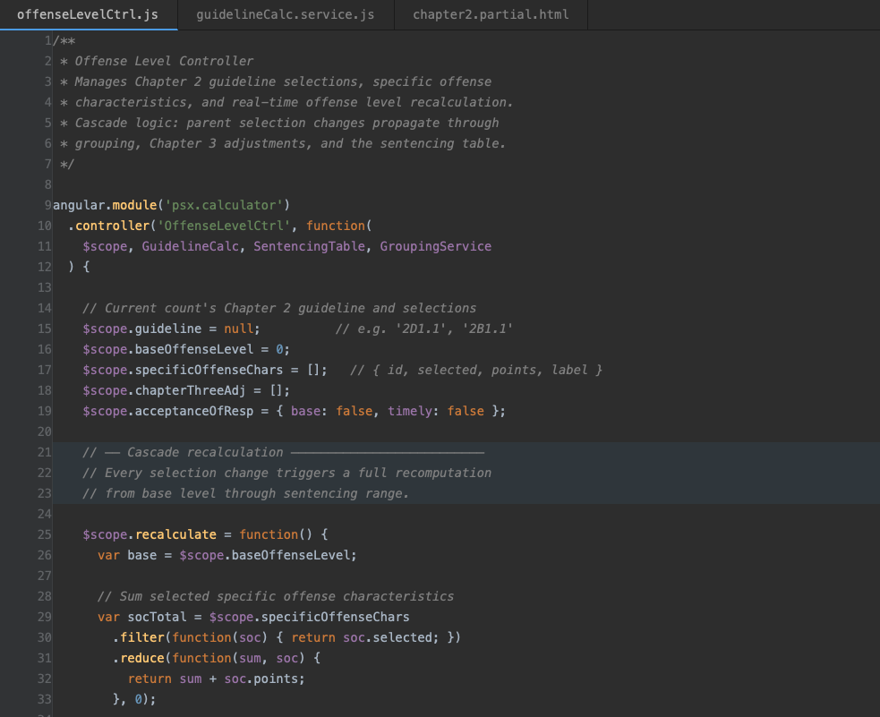 Source code for the federal sentencing calculator showing the AngularJS controller with the cascade recalculation function