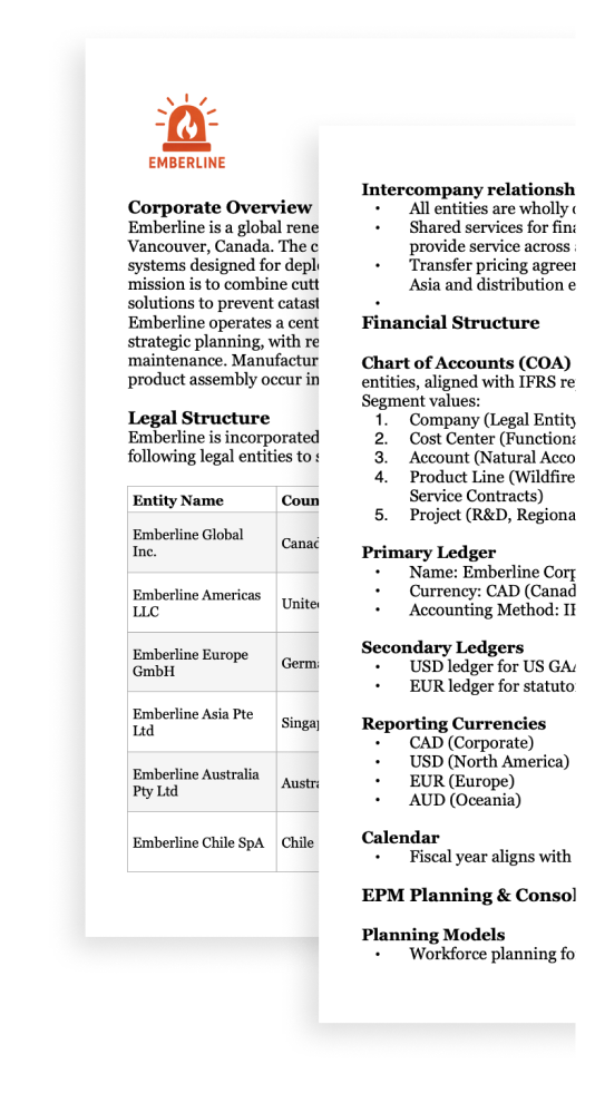 A business narrative document that captures organizational intent, policies, and assumptions in plain language before system configuration.