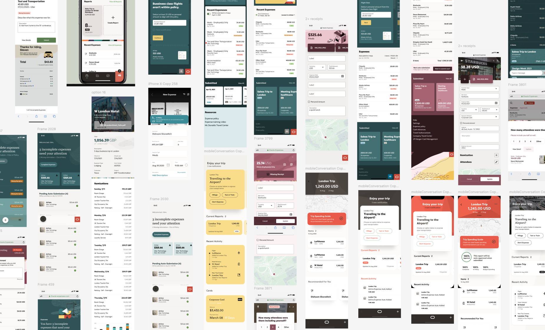 Zoomed-out view of a Figma file showing dozens of mobile expense app concepts, explorations, and iterations created over multiple years—none of which shipped.