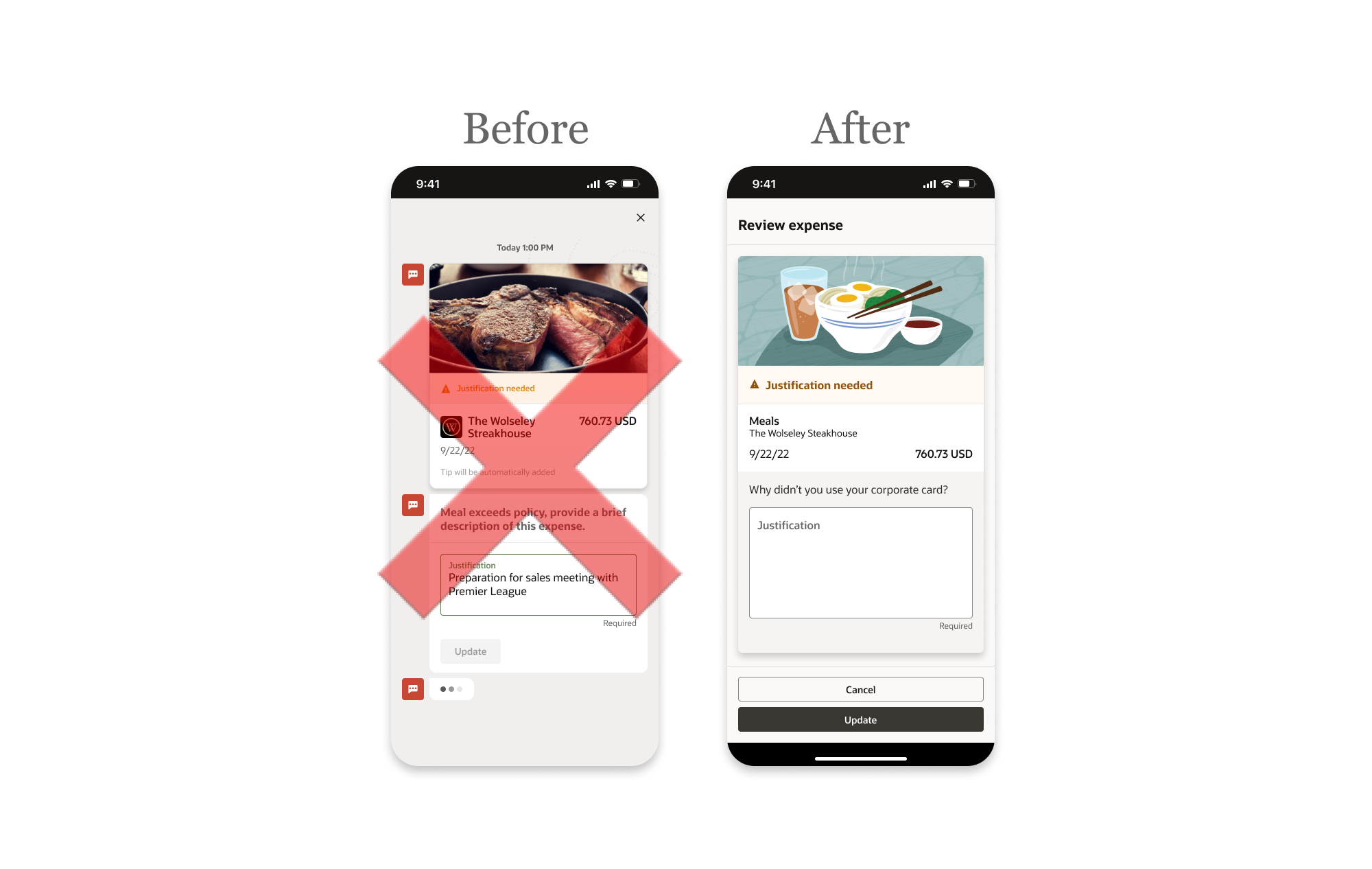 Side-by-side comparison of two different designs for a guided resolution system: the chatbot before my involvement and the non-conversational design I was able to get implemented.