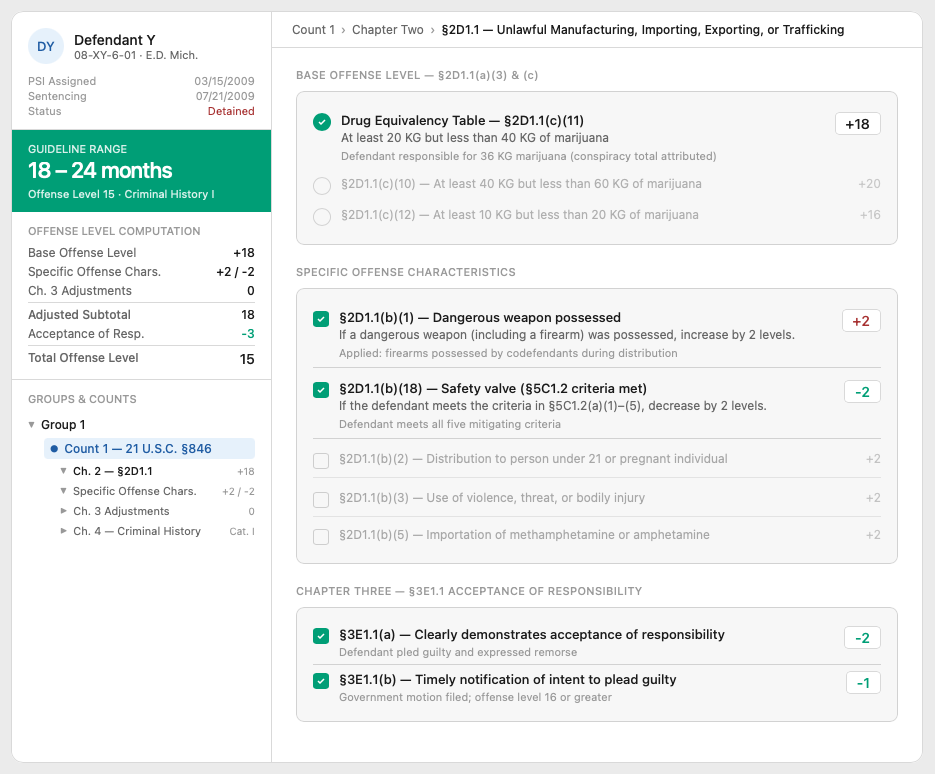 Early interaction mockup of the sentencing calculator showing the node-based hierarchical navigation pattern
