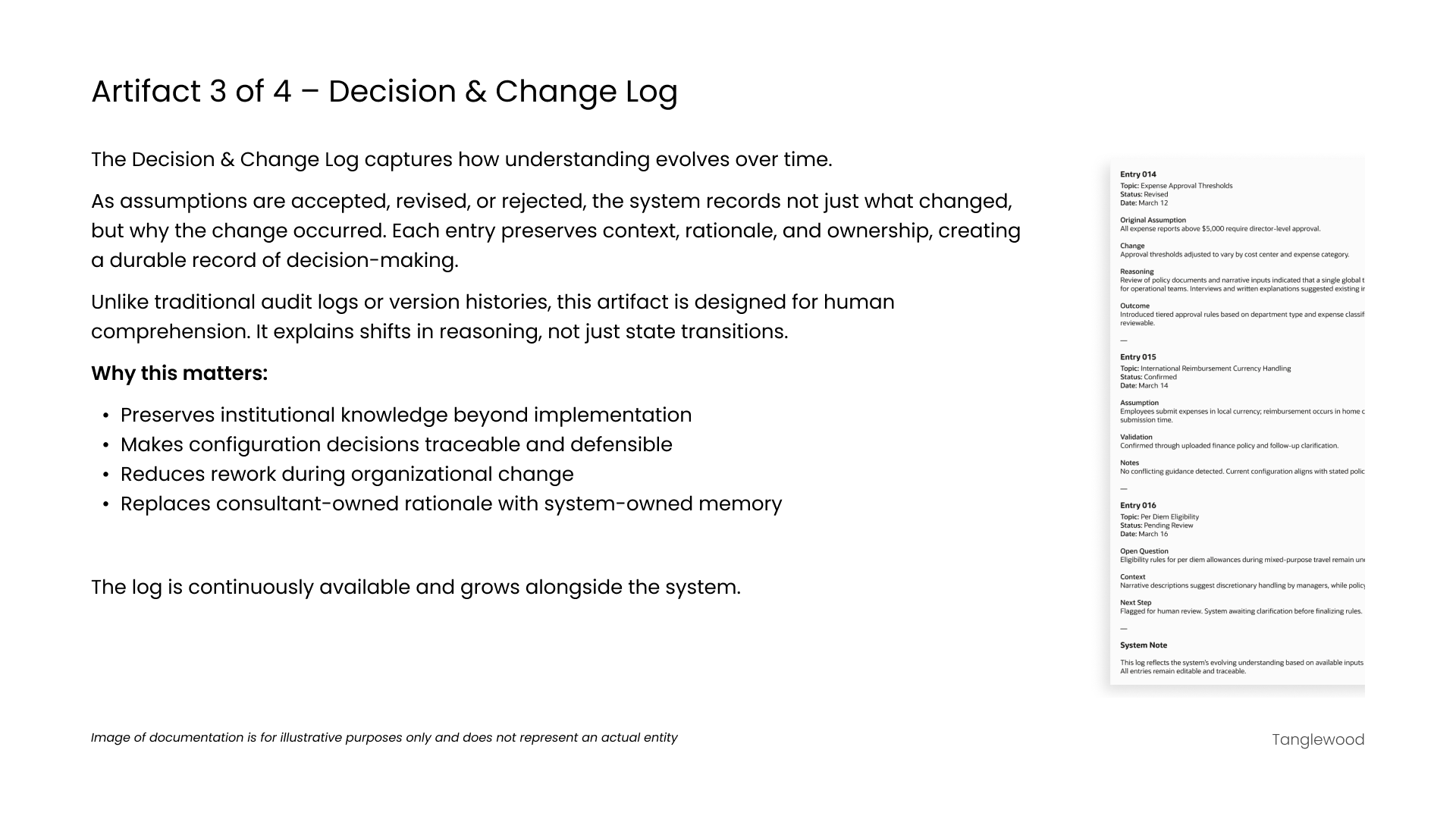 Styled excerpt of a decision and change log showing how assumptions and configuration decisions evolve over time, with documented rationale.