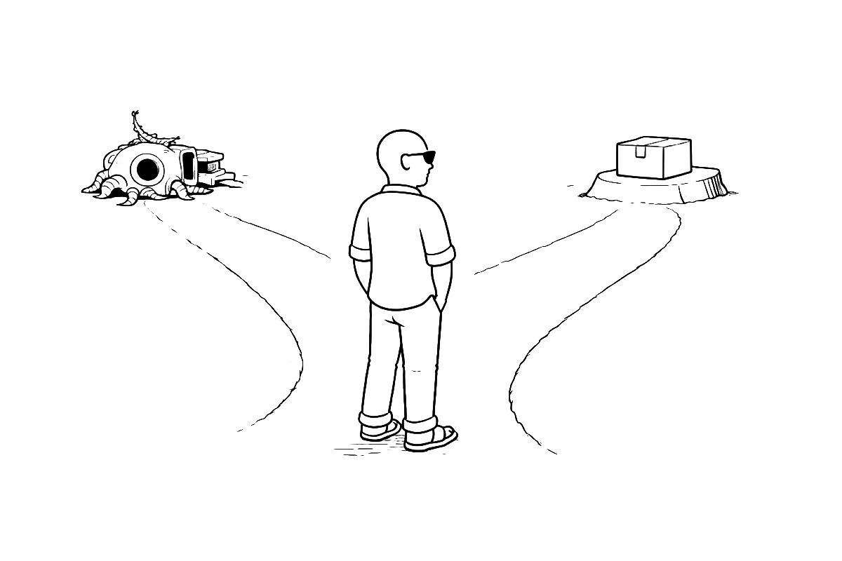 Man standing at a fork in the road, one way leading to ruin, the other to a perfect form