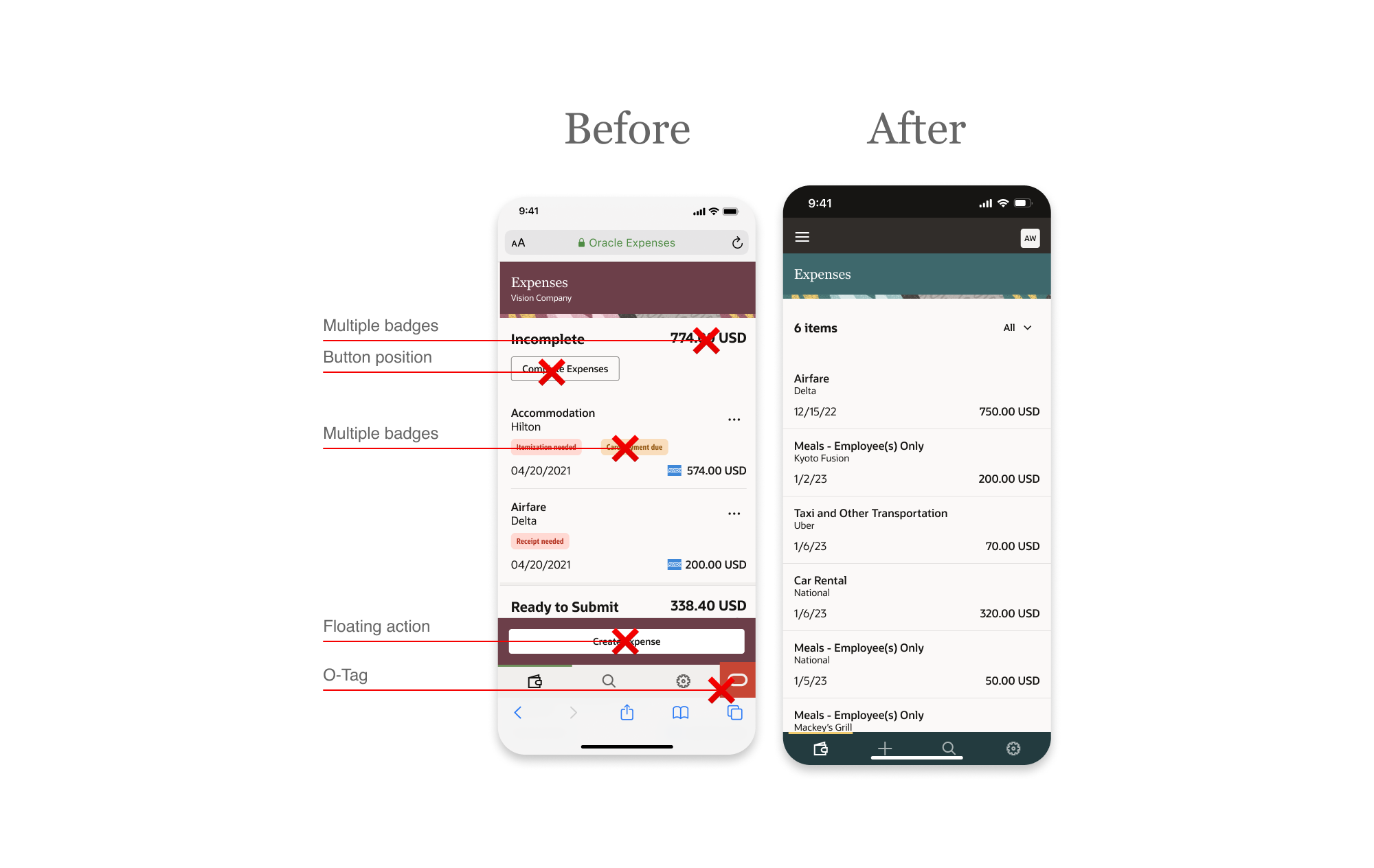 Side-by-side comparison of the mobile phone app landing page before and after my contributions, calling out unbuildable design system deviations