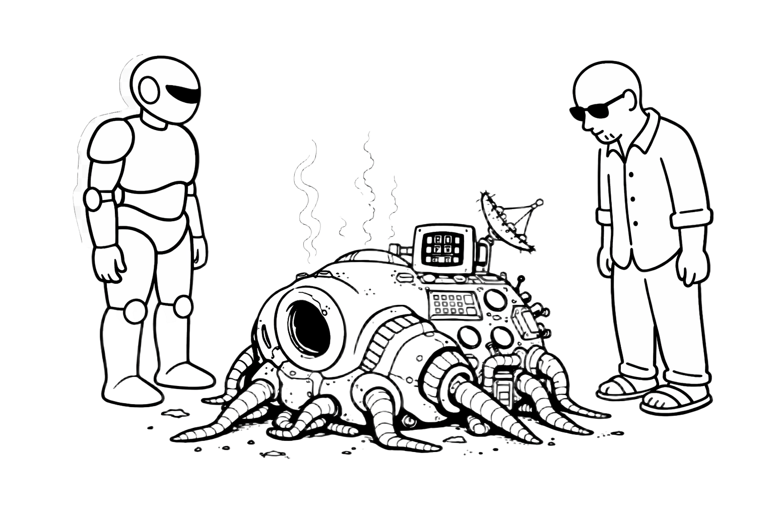 Man and robot examining a weird, alien, machine-thing mess