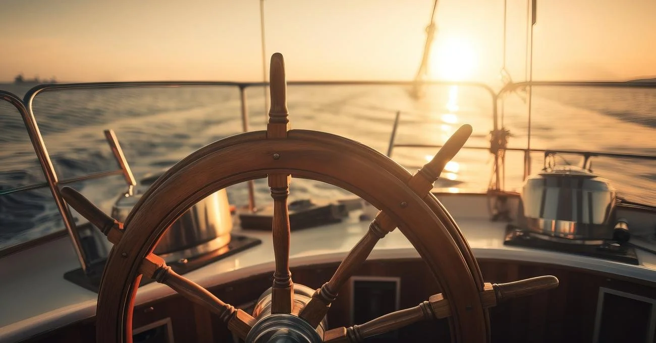 Photo of ship steering while on the ocean at sunset. Unkown photographer.