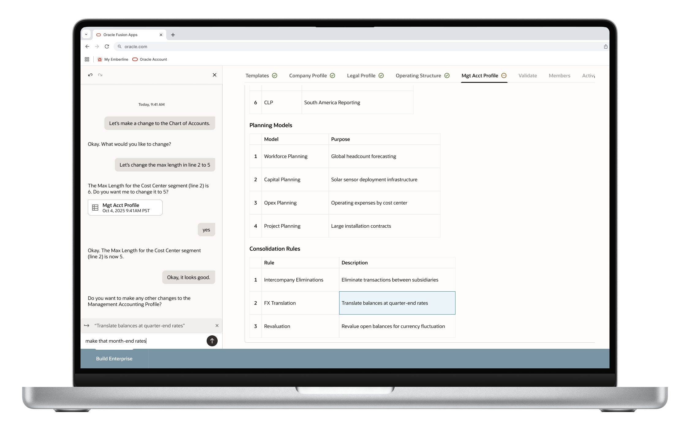 Split-view interface with natural language conversation on the left and live-updating configuration tables on the right.