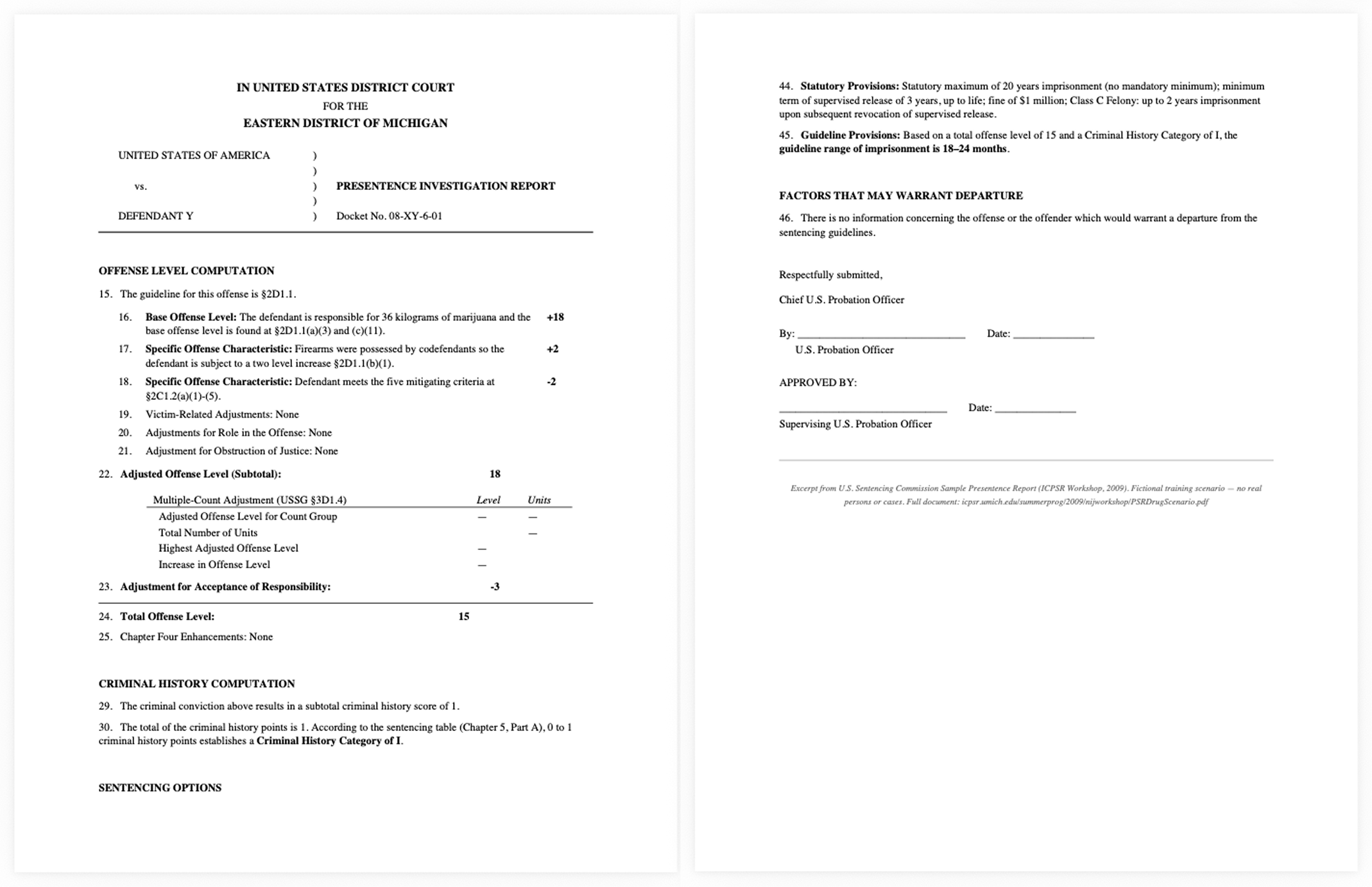 Excerpt from a U.S. Sentencing Commission sample Presentence Investigation Report showing the Offense Level Computation section