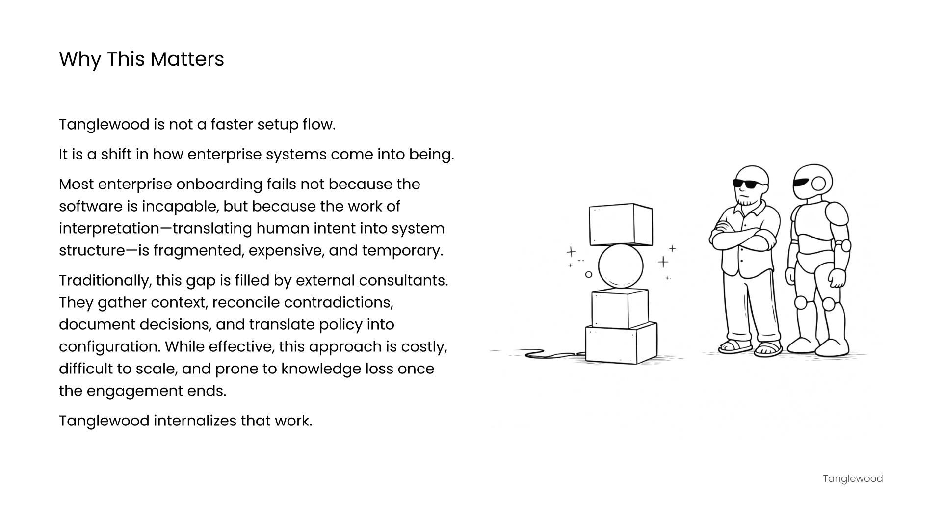 Line drawing of a human and an AI observing a stable, balanced structure, symbolizing clarity, durability, and reduced dependency on external intervention.