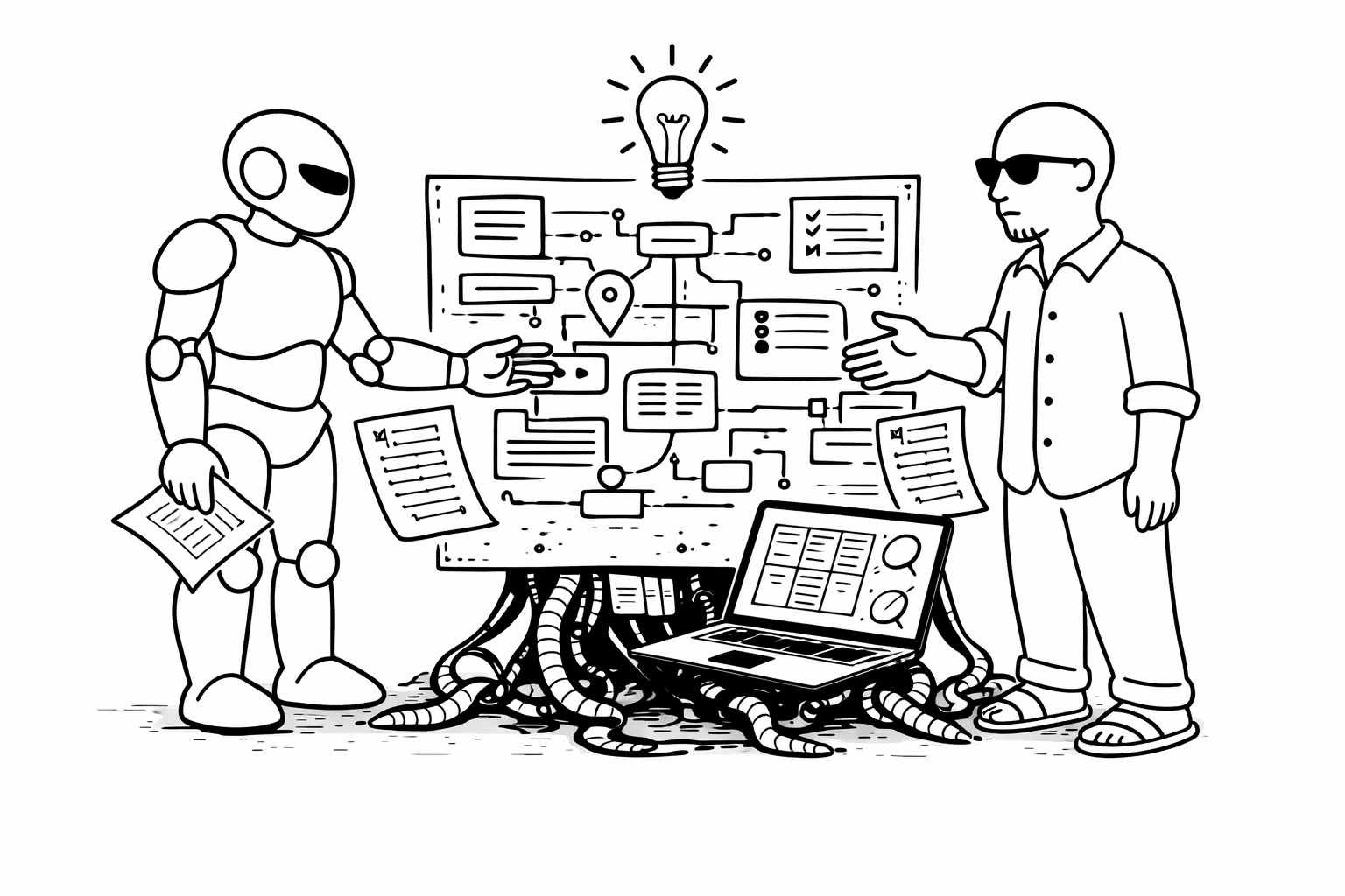 Black-and-white line illustration of a human and an AI system facing one another, representing collaboration before structure or solutions are defined.