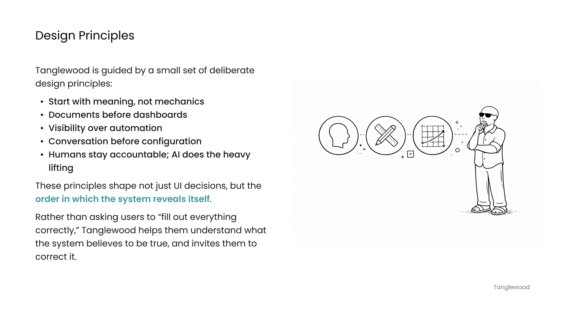 Minimal illustration of a designer thoughtfully observing abstract symbols, representing reflection, intentionality, and design judgment.