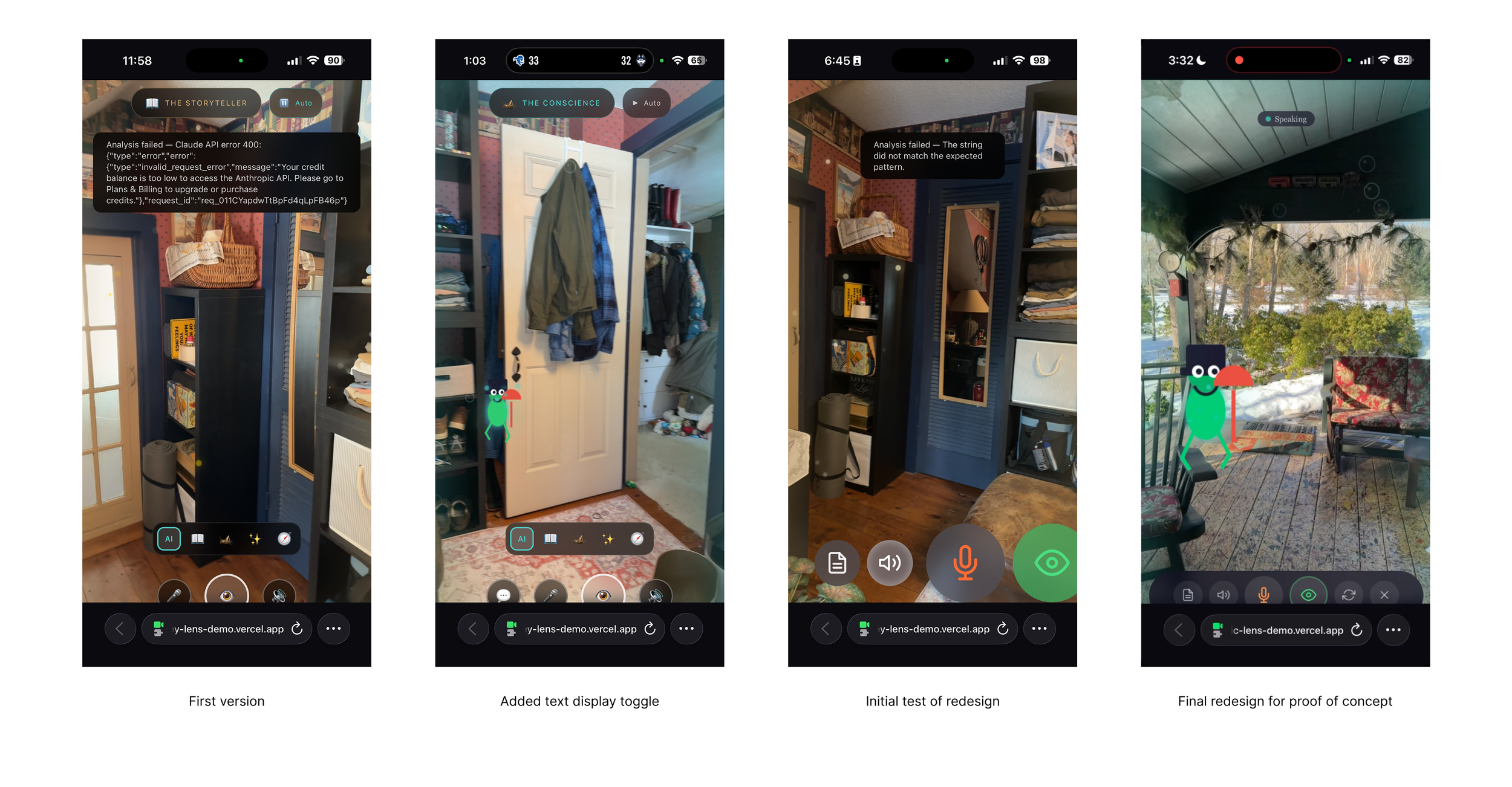 Four iPhone screenshots of the product UI as the project progressed
