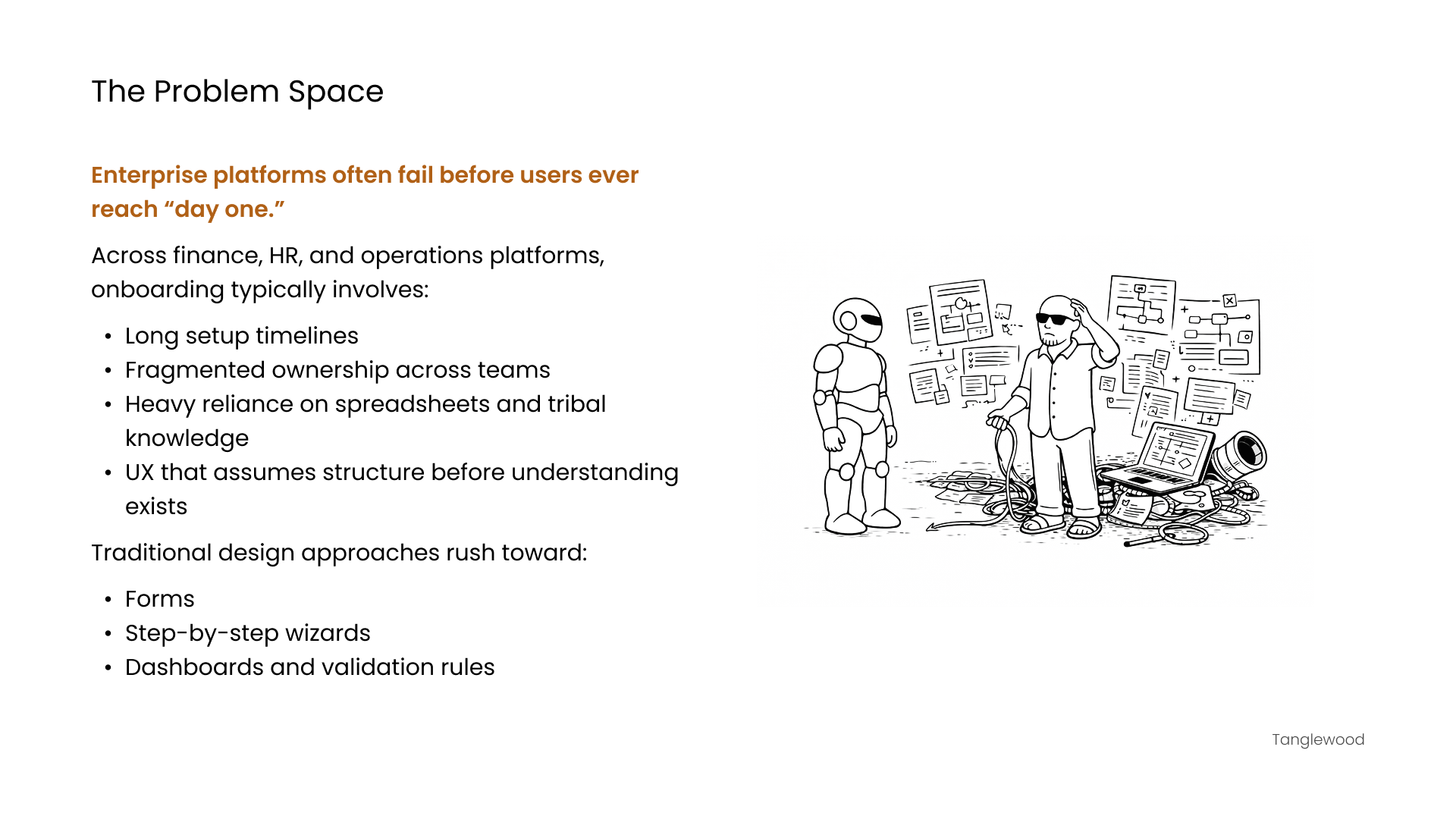 Line illustration of a human surrounded by fragmented documents and disconnected workflows, with an AI observing calmly, representing enterprise onboarding complexity.