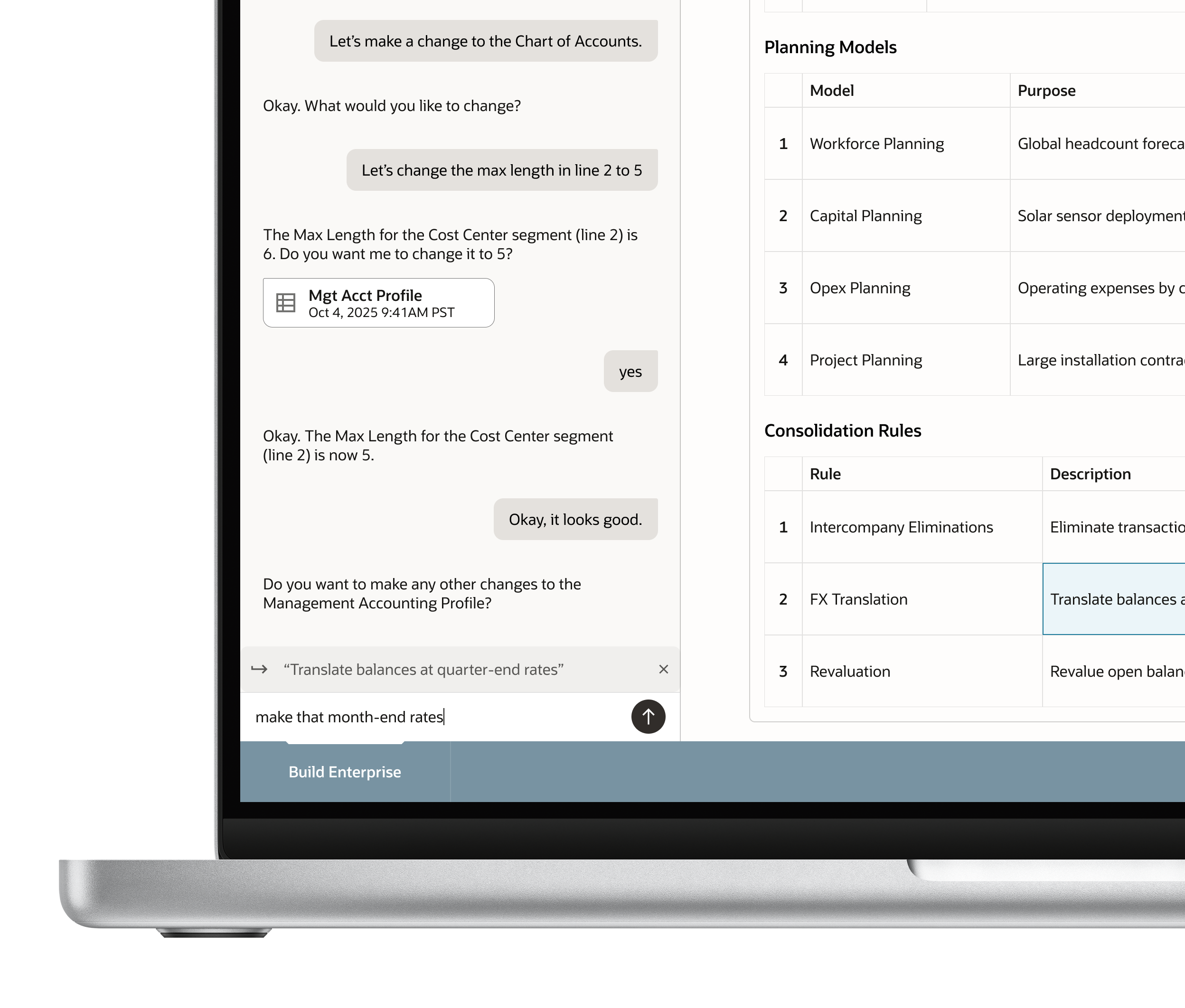 Split-view interface with natural language conversation on the left and live-updating configuration tables on the right.