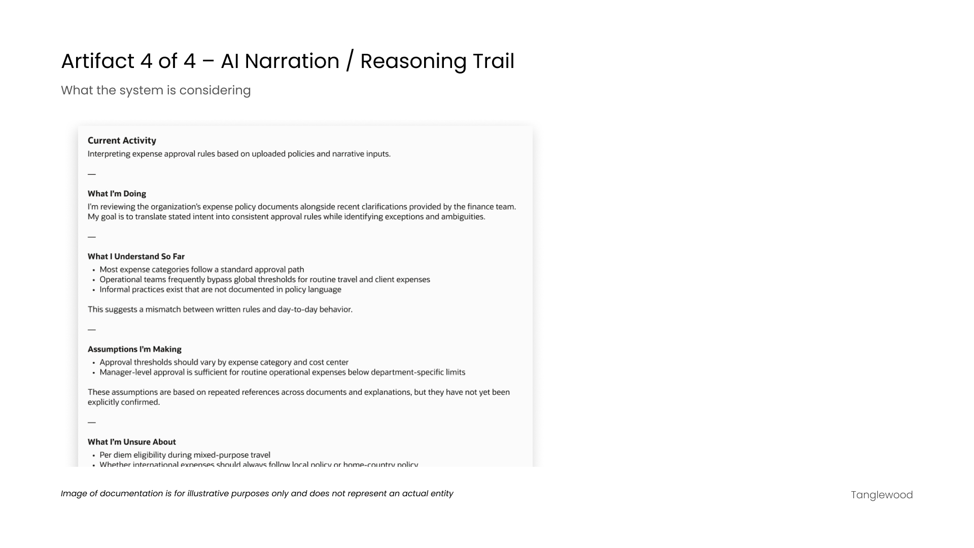 Excerpt of AI-generated narration explaining what the system is doing, the assumptions it is making, and areas of uncertainty.