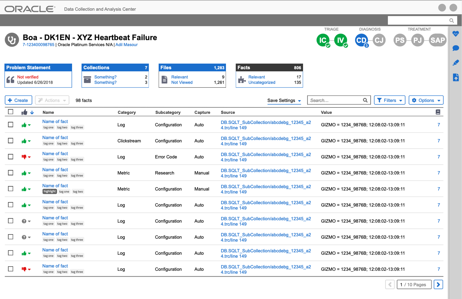 Early DCAC design showing diagnostic facts as structured data objects in a table with relevance voting, tags, categories, and source file references