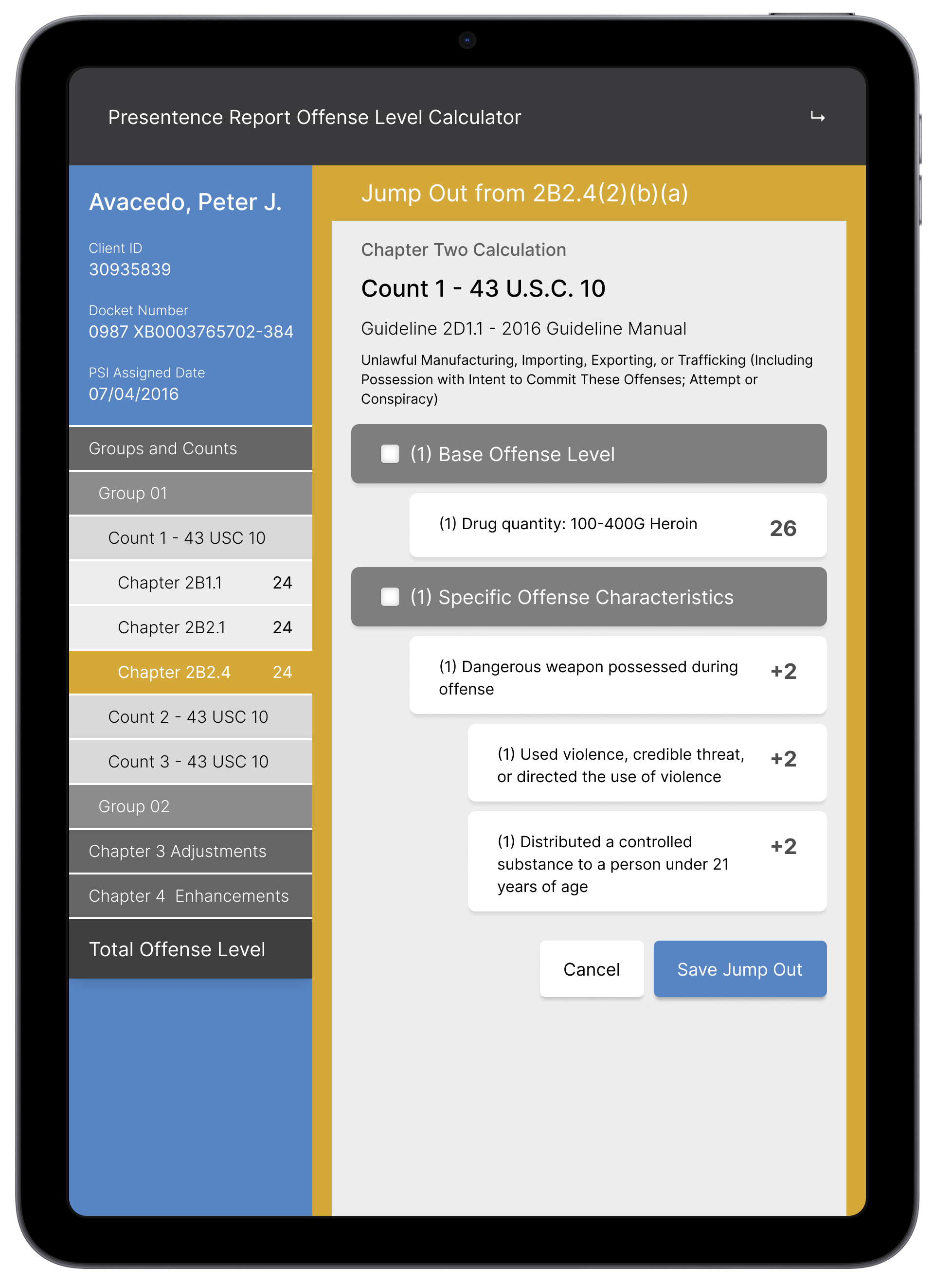 Federal sentencing calculator displayed on an iPad showing the full application layout