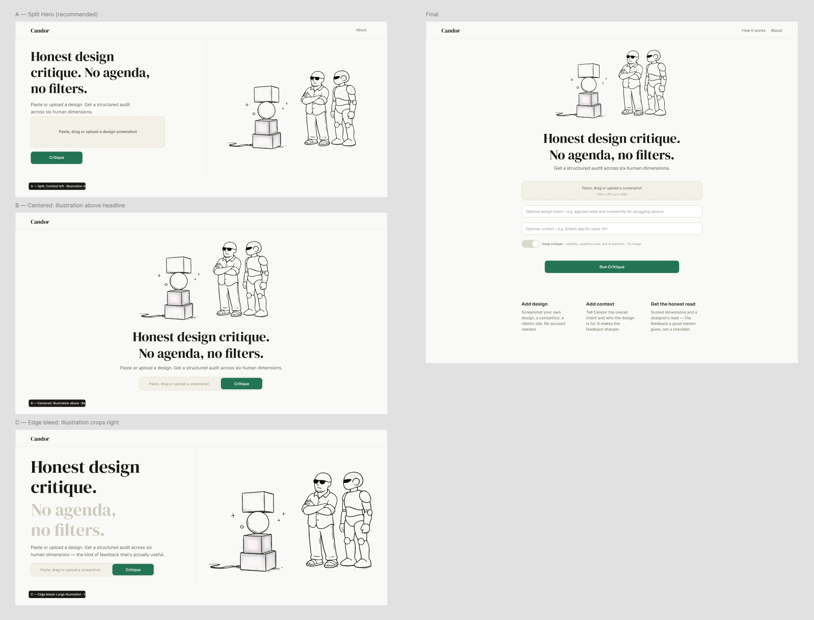 Figma artboard with three design explorations and a final design of the landing page