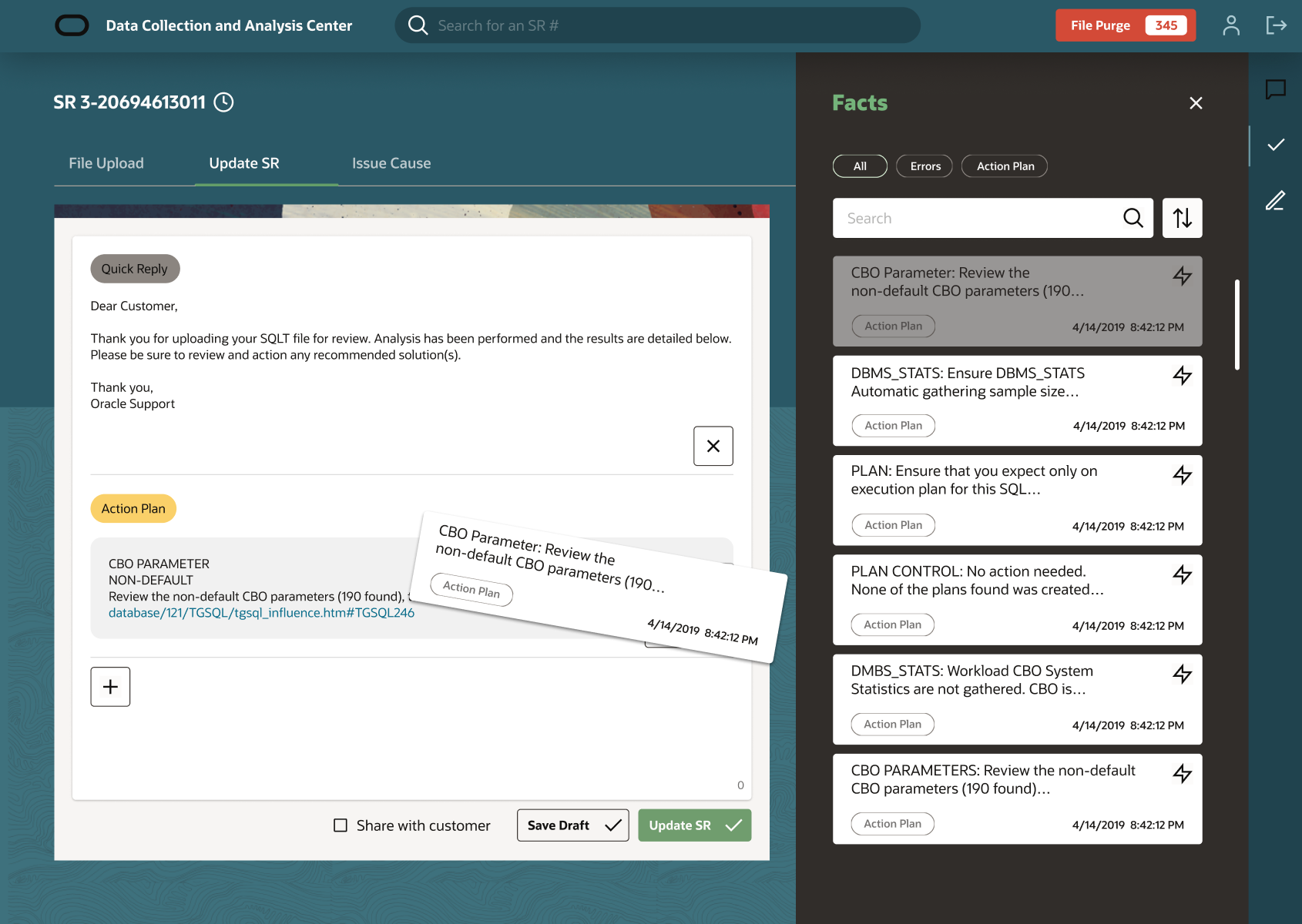 DCAC Update SR view showing a diagnostic fact card being dragged from the Facts panel directly into the customer reply, demonstrating one-motion evidence insertion without copy-paste