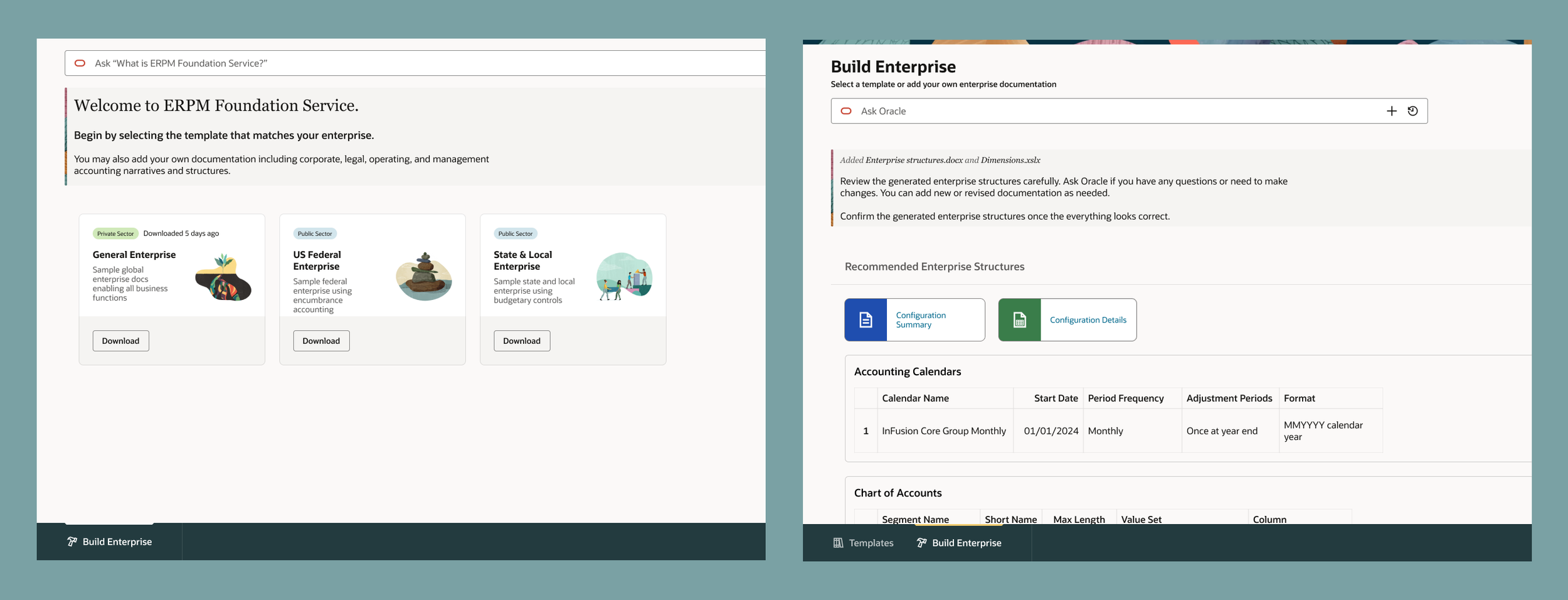 Template selection screen and generated configuration output showing Accounting Calendars and Chart of Accounts produced from uploaded documents.